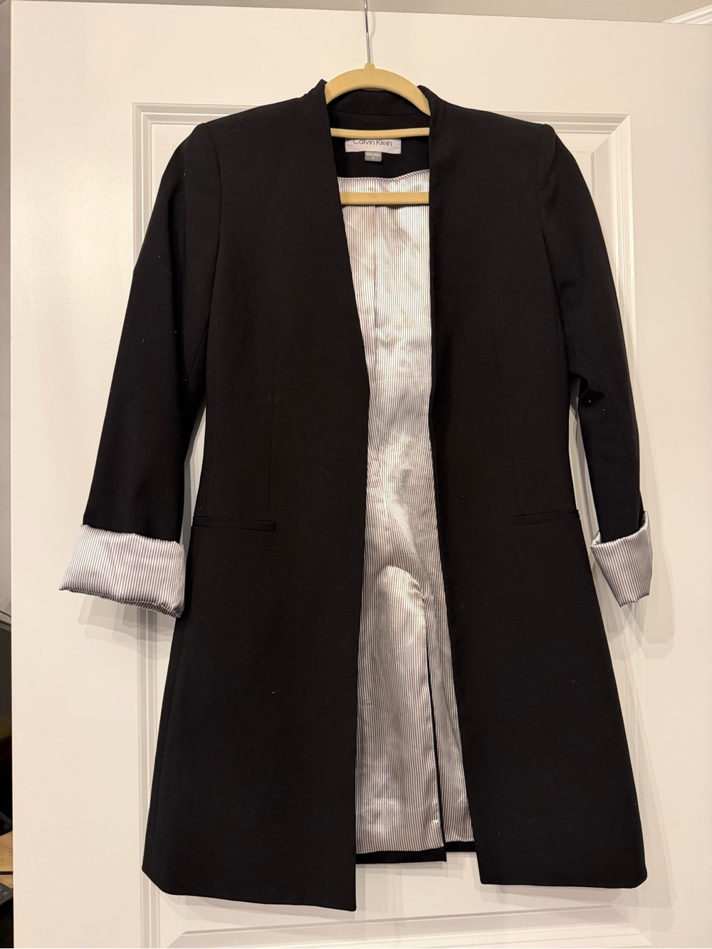 Calvin Klein Black Longline Open-Front Blazer with Silver Lining